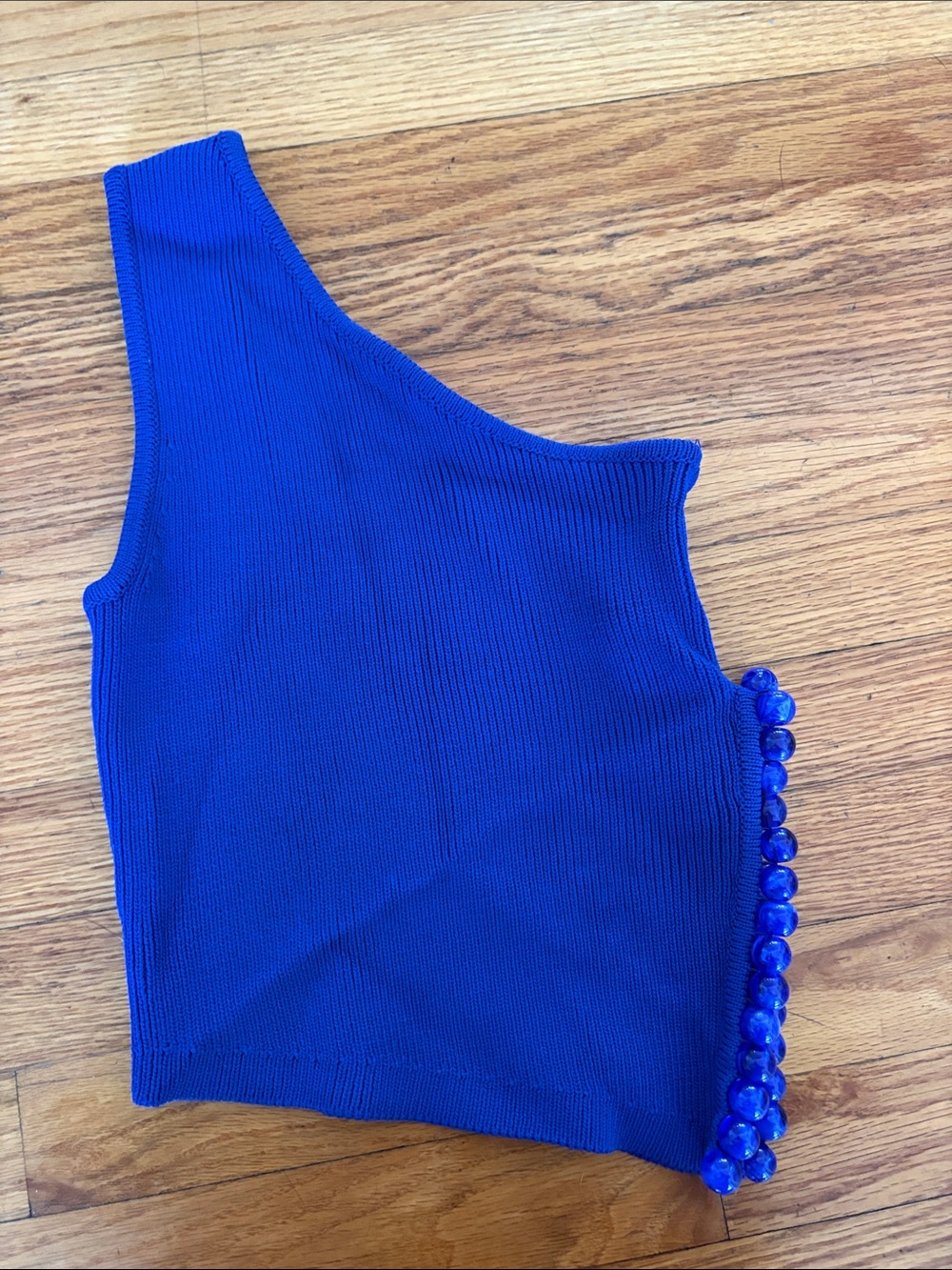 ZaraOne-Shoulder Blue Knit Top with Bead Trim